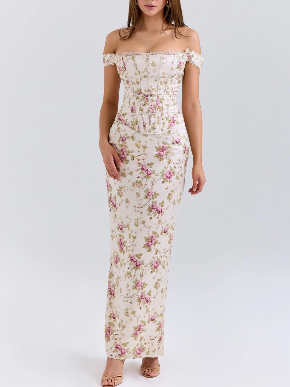 House of CB Isis vintage Cream Floral print Corset Maxi Dress